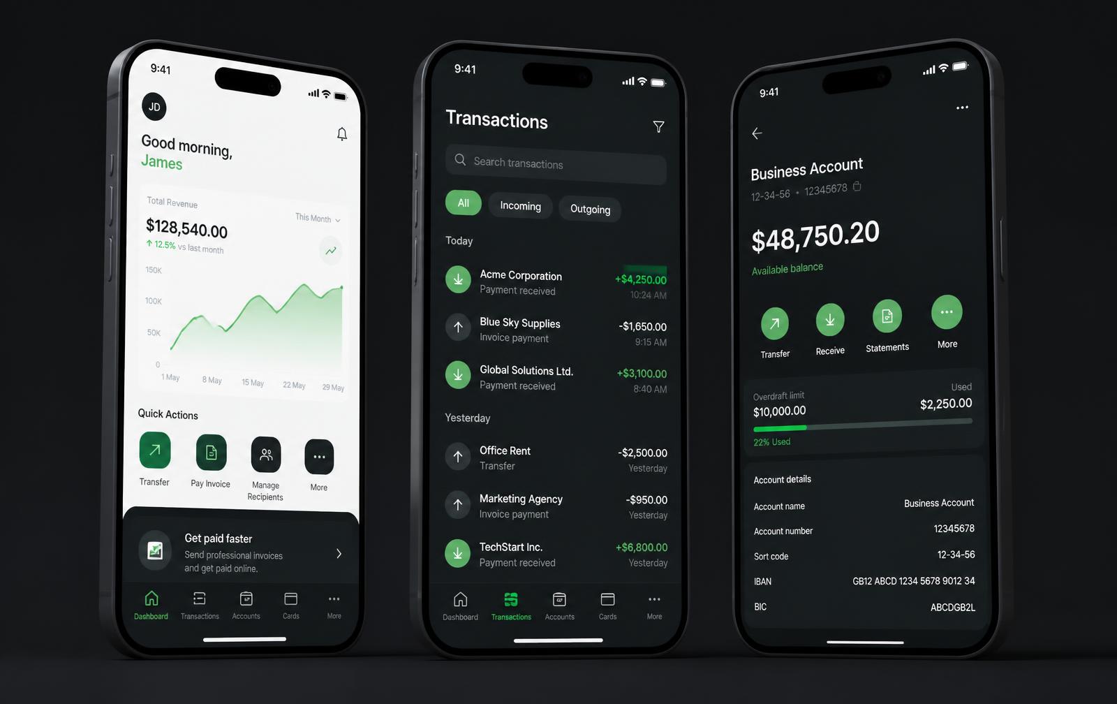 Trois écrans de l'application SAMA : tableau de bord, transactions et compte professionnel